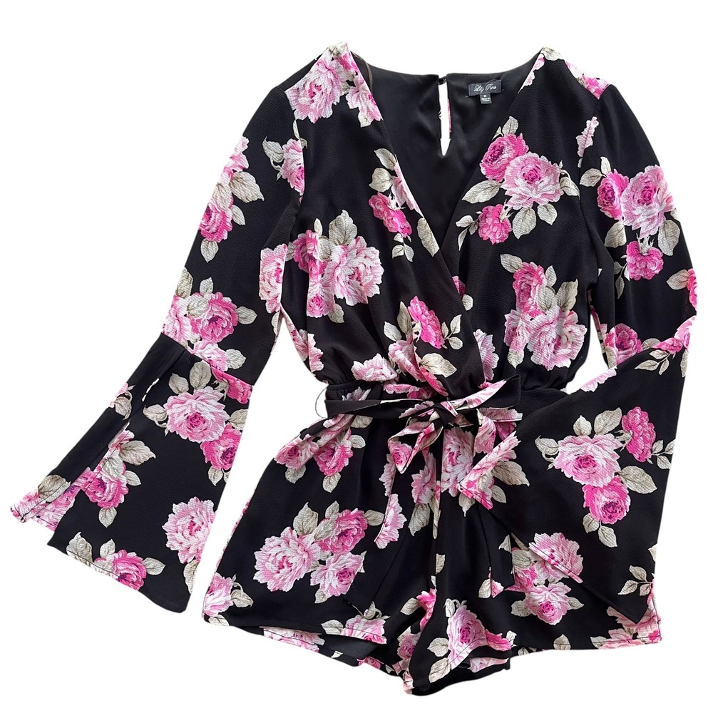 Lily Rose Women's M Black Pink Floral V Neck Wrap Belted Long Bell Sleeve Romper